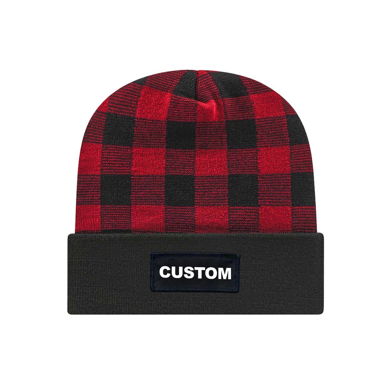 Custom Life Brand Logo Night Out Woven Patch Roll Up Plaid Beanie Black/True Red (White Logo)
