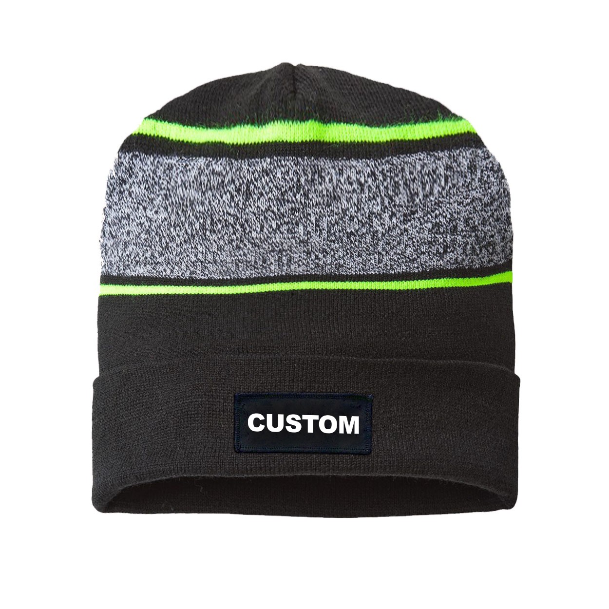 Custom Life Brand Logo Night Out Woven Patch Roll Up Skully Neon Striped Beanie Black/Neon Yellow (White Logo)
