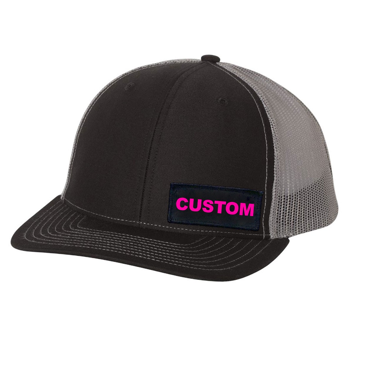 Custom Life Brand Logo Night Out Woven Patch Snapback Trucker Hat Black/Gray (Pink Logo)