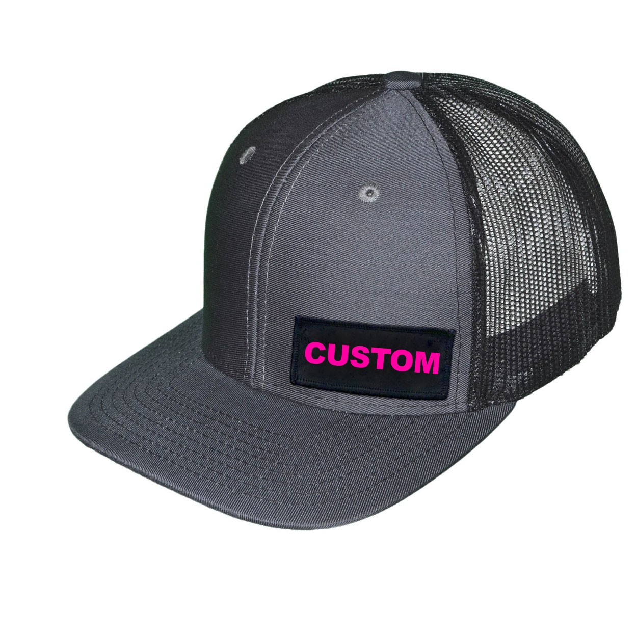 Custom Life Brand Logo Night Out Woven Patch Snapback Trucker Hat Gray/Black (Pink Logo)
