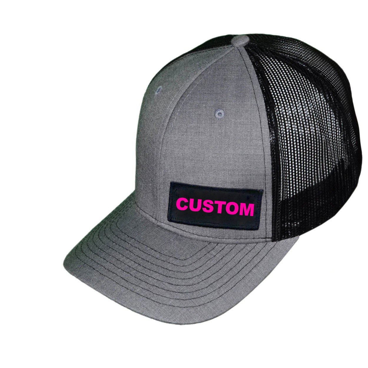 Custom Life Brand Logo Night Out Woven Patch Snapback Trucker Hat Heather Gray/Black (Pink Logo)