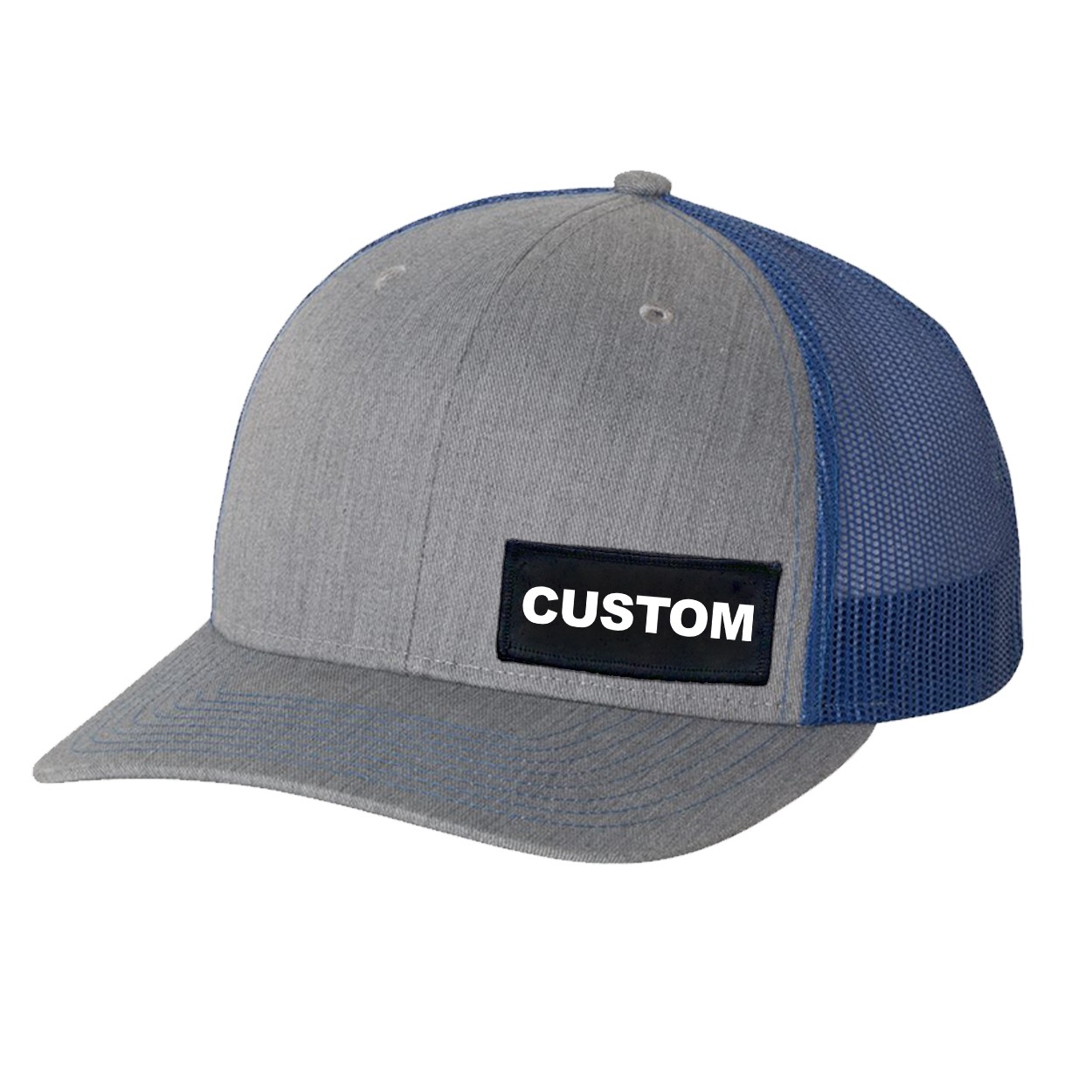 Custom Life Brand Logo Night Out Woven Patch Snapback Trucker Hat Heather Grey/Royal (White Logo)