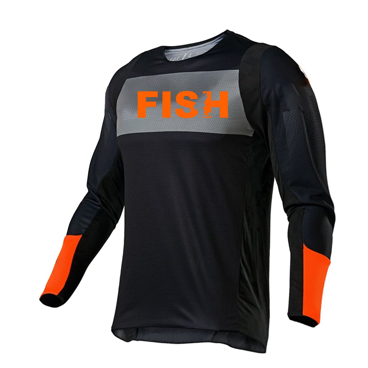 Fish Catch Logo Classic Performance Jersey Long Sleeve Shirt Black/Gray/Orange (Orange Logo)