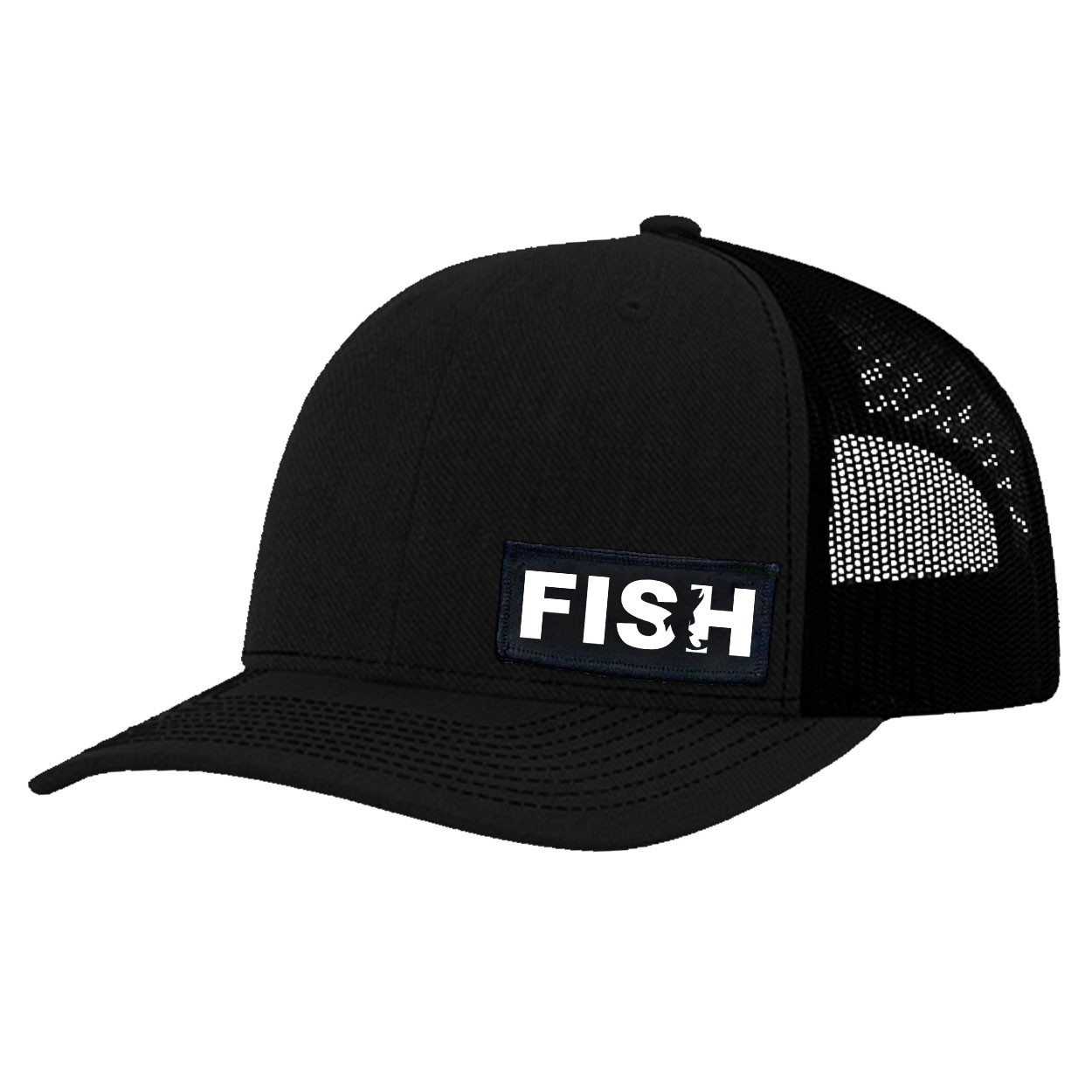 Fish Catch Logo Night Out Youth Patch Mesh Snapback Hat Black (White Logo)