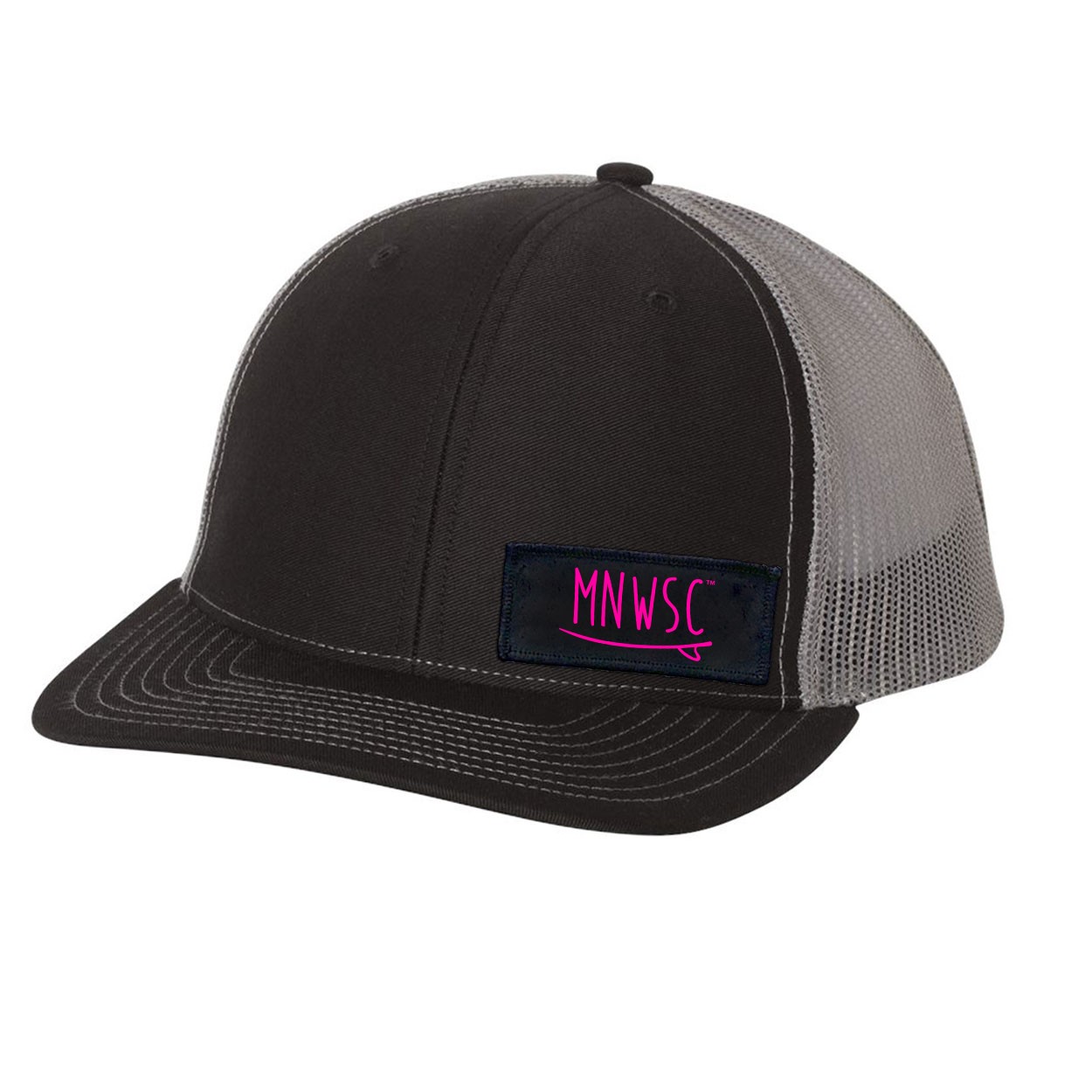 Minnesota Wakesurf Championship Night Out Woven Patch Snapback Trucker Hat Black/Gray (Pink Logo)