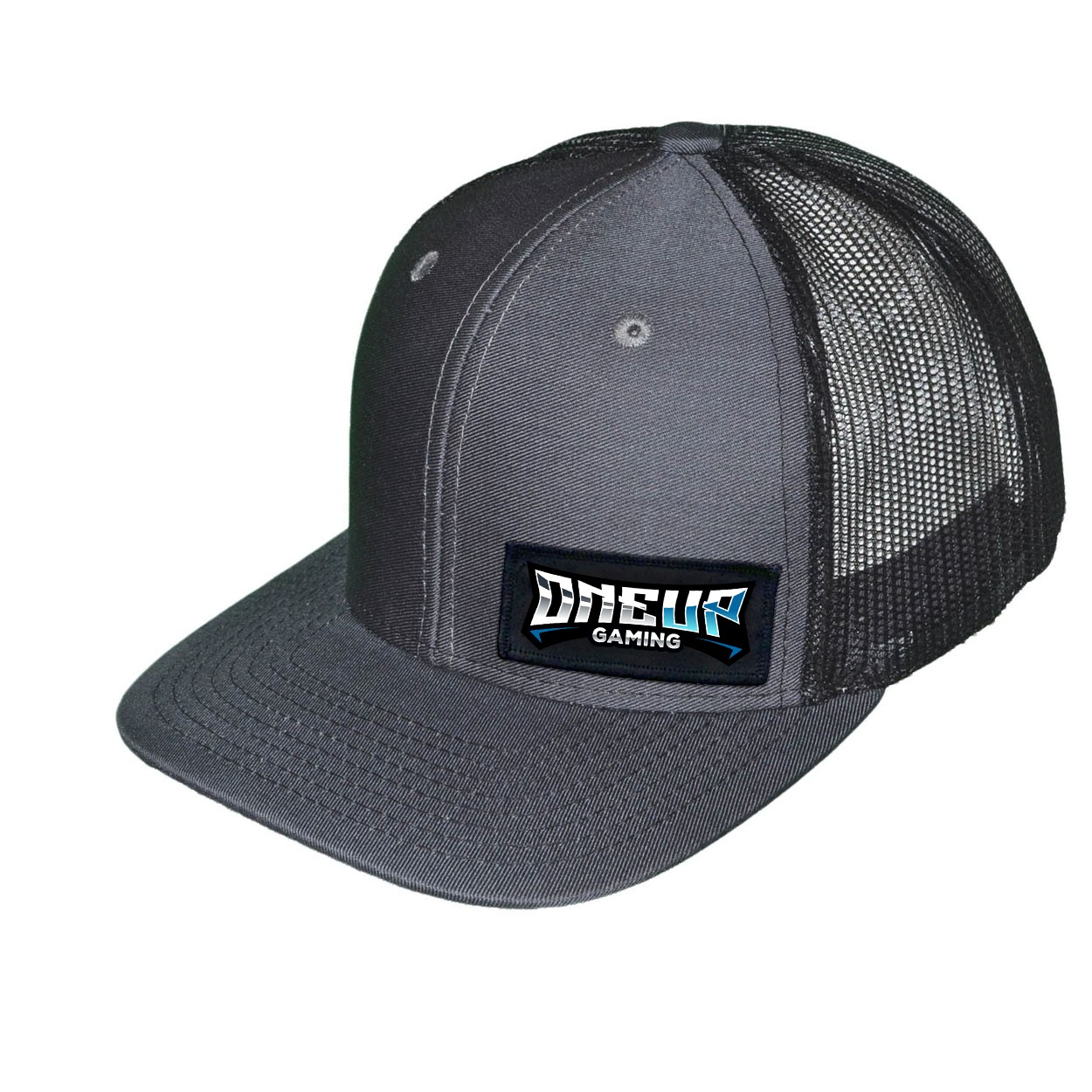 One Up Gaming Night Out Woven Patch Snapback Trucker Hat Gray/Black (White Logo)