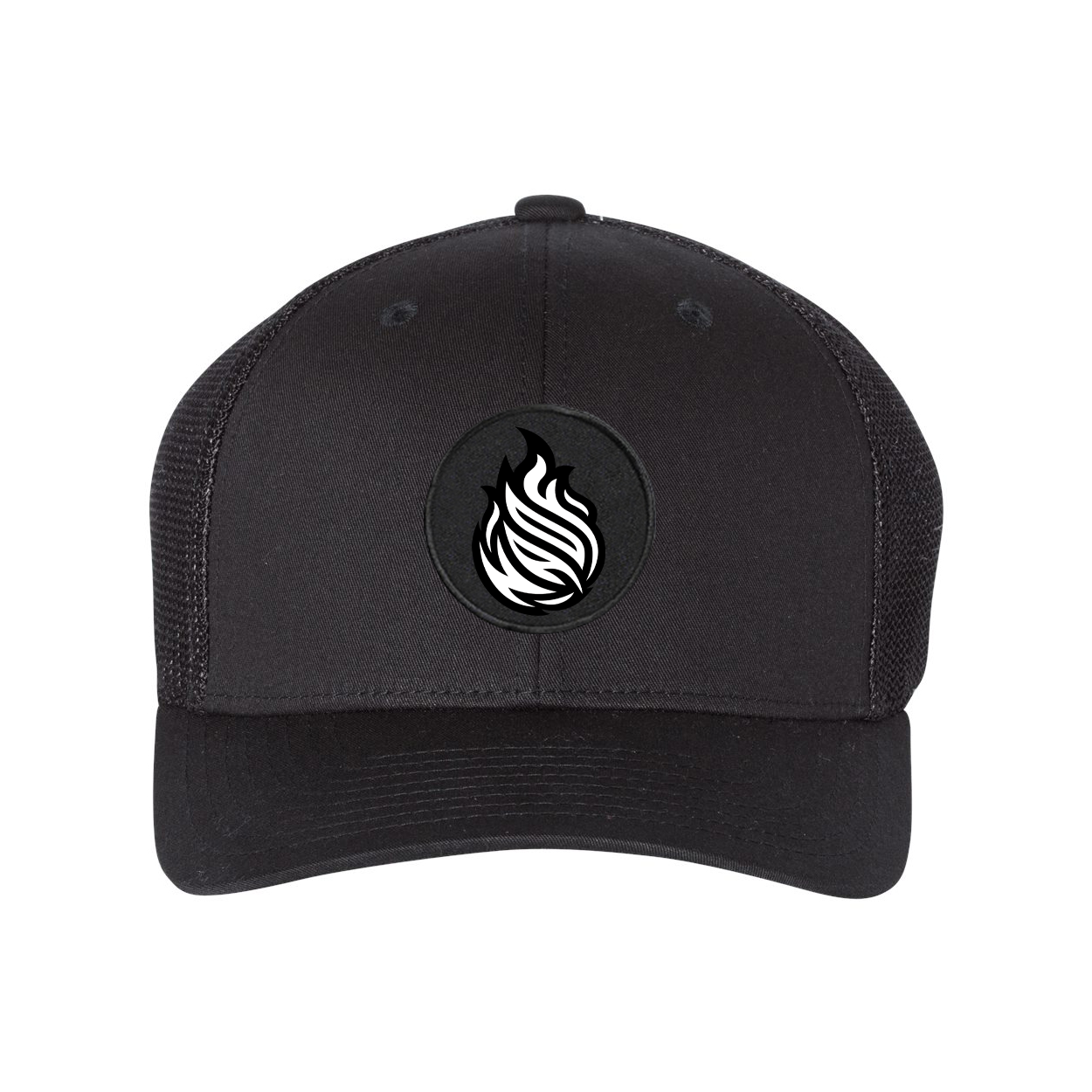 Near An Open Flame Classic Woven Circle Patch Snapback Trucker Hat Black