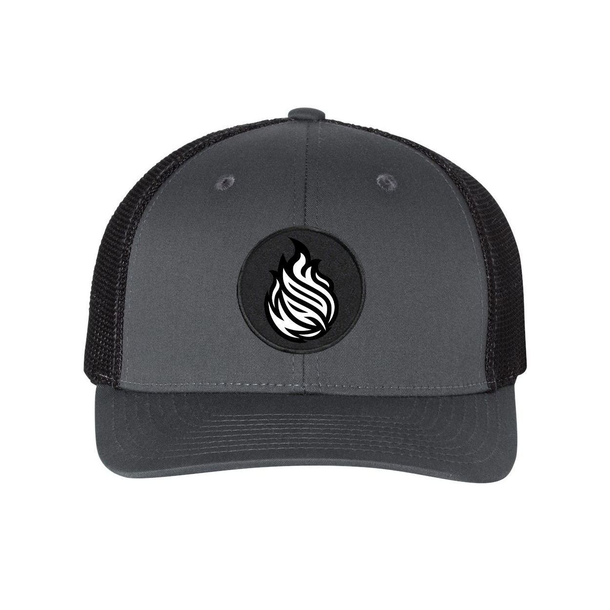 Near An Open Flame Classic Woven Circle Patch Snapback Trucker Hat Gray/Black (White Logo)