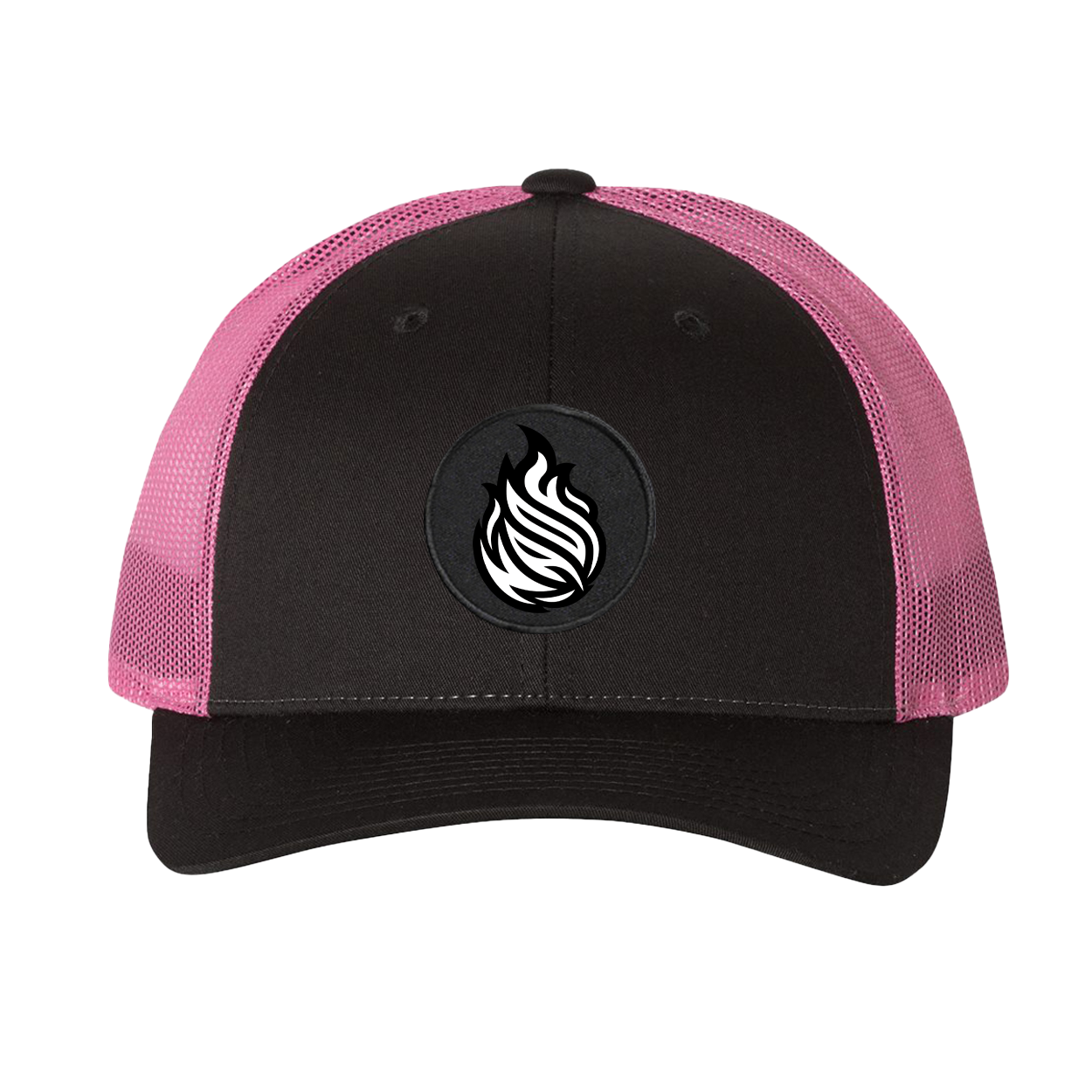 Near An Open Flame Classic Woven Circle Patch Snapback Trucker Hat Gray/Neon Pink