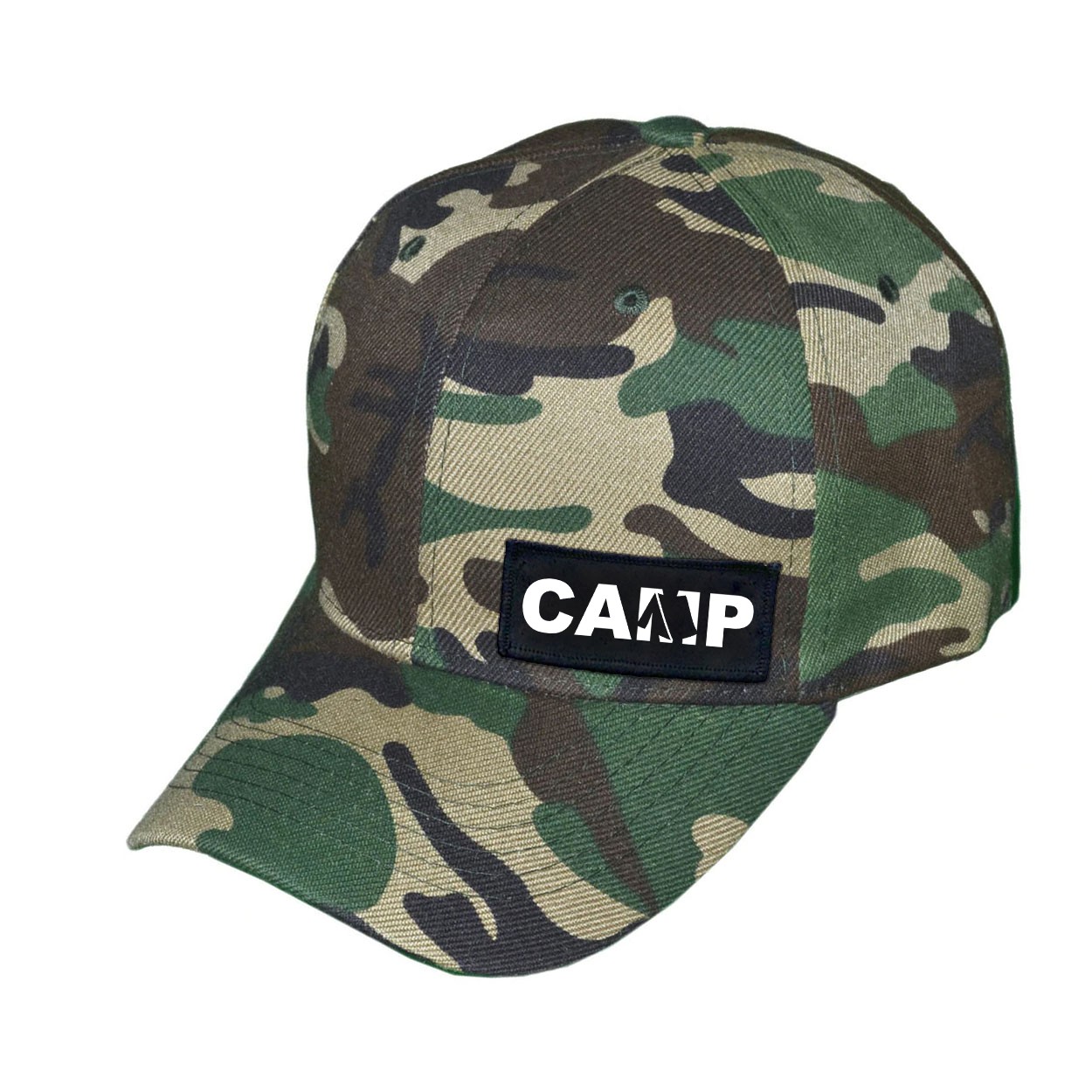 Camp Tent Logo Night Out Woven Patch Velcro Trucker Hat Camo (White Logo)