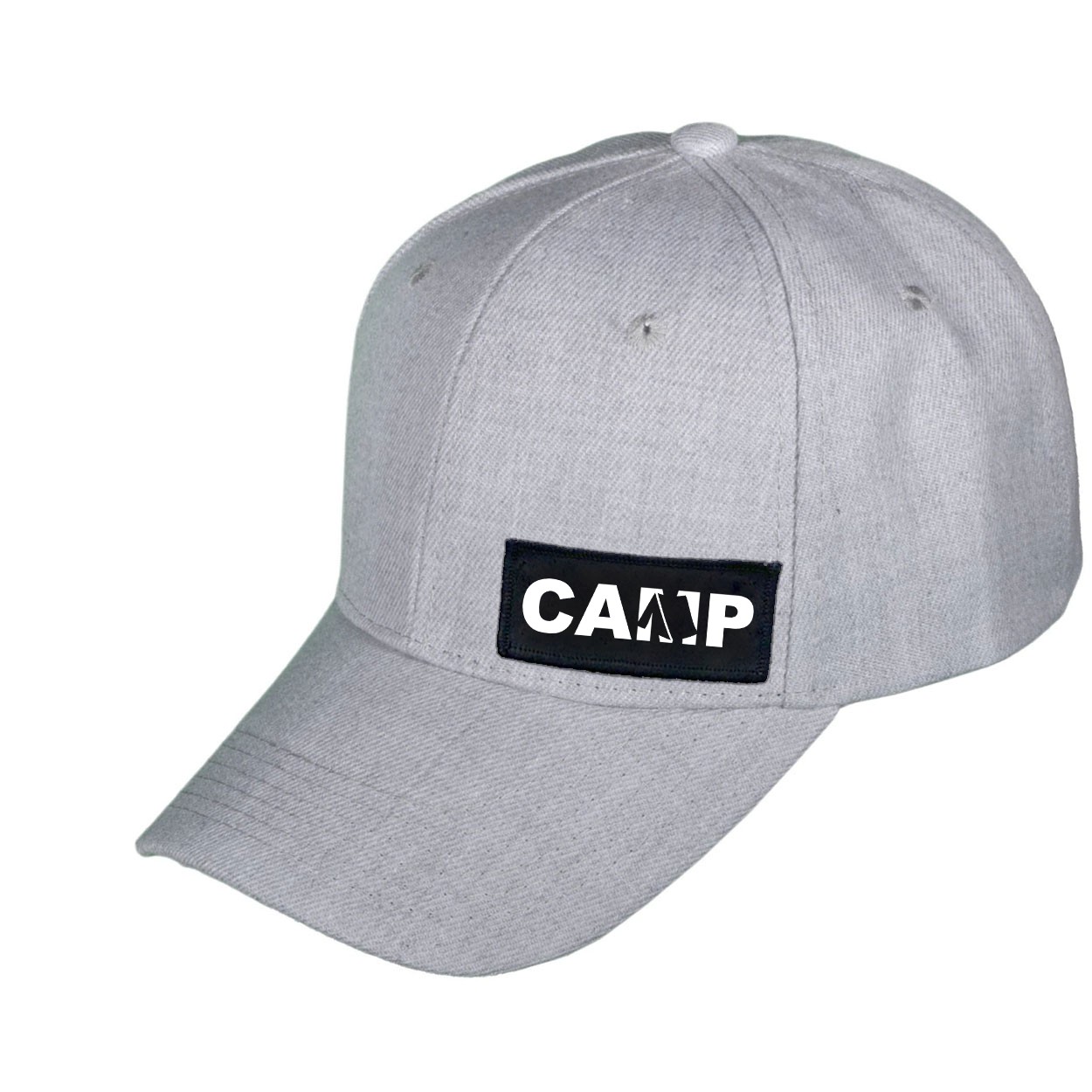 Camp Tent Logo Night Out Woven Patch Velcro Trucker Hat Heather Gray (White Logo)