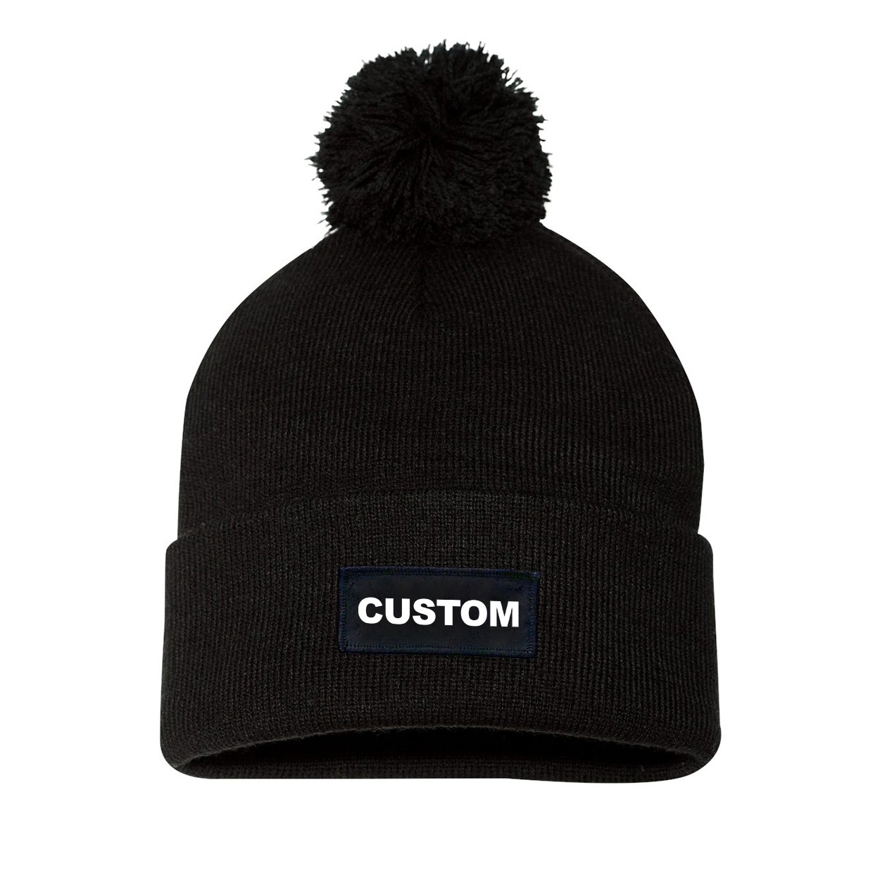 Custom Life Brand Logo Night Out Woven Patch Roll Up Pom Knit Beanie Black (White Logo)