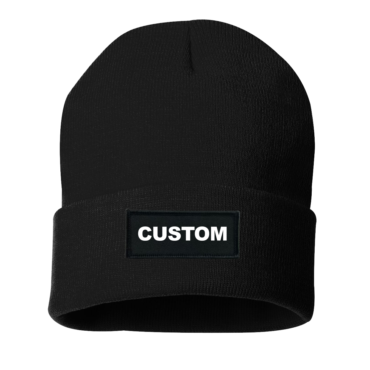 Custom Life Brand Logo Night Out Woven Patch Roll Up Skully Beanie Black