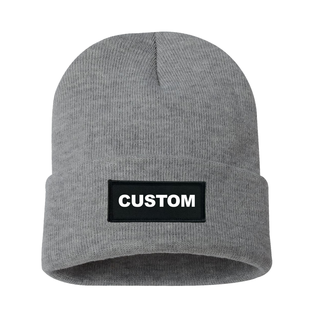 Custom Life Brand Logo Night Out Woven Patch Roll Up Skully Beanie Heather Gray