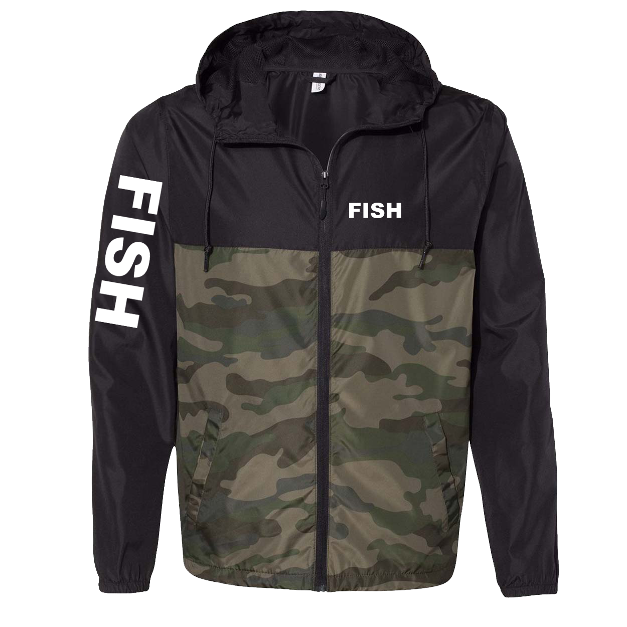 Fish Brand Logo Classic Lightweight Windbreaker Black/Forest Camo (White Logo)