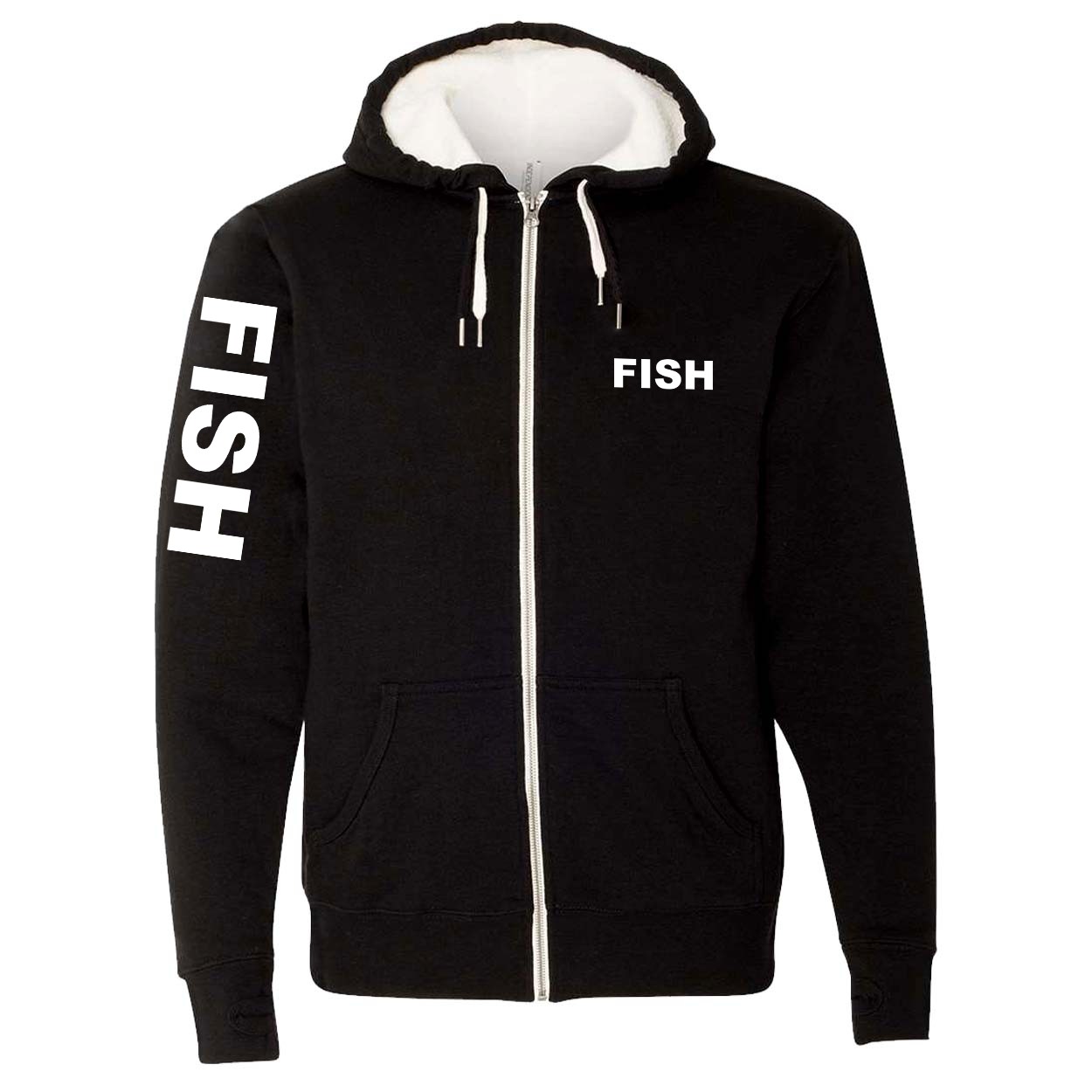 Fish Brand Logo Classic Sherpa-Lined Hooded Zip Up Sweatshirt Black (White Logo)