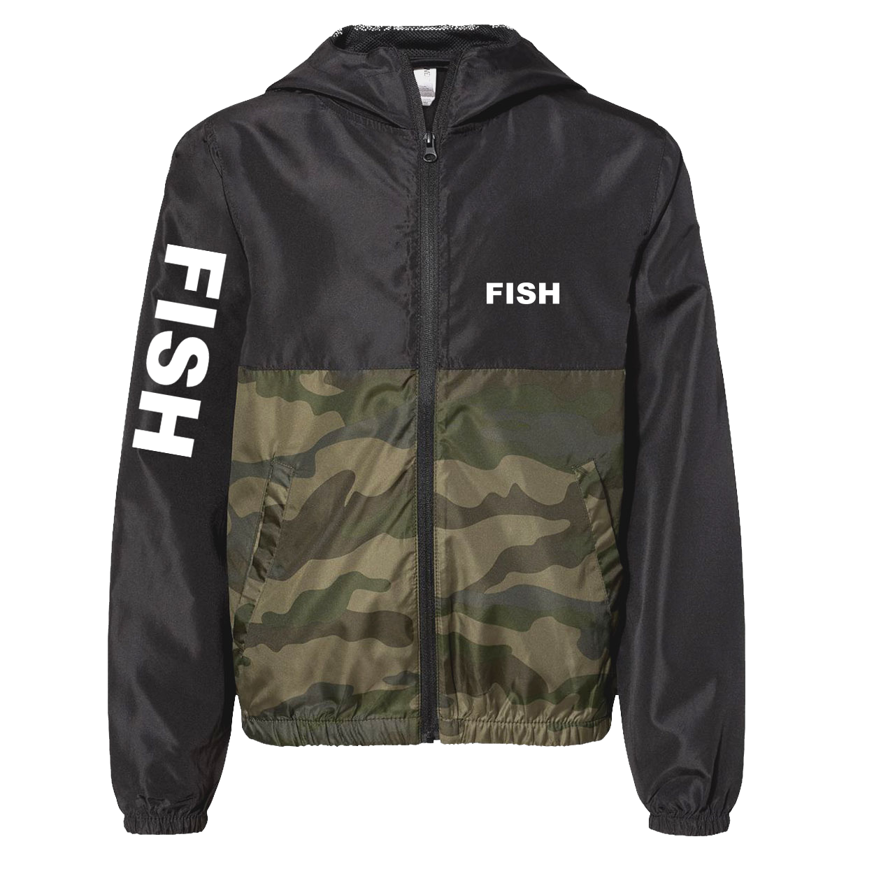 Fish Brand Logo Classic Youth Lightweight Windbreaker Black/Forest Camo (White Logo)