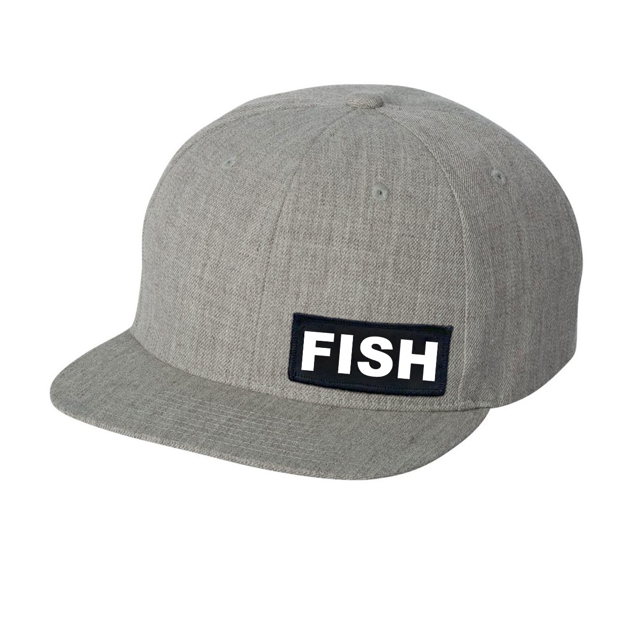 Fish Brand Logo Night Out Woven Patch Flat Brim Snapback Hat Heather Gray (White Logo)