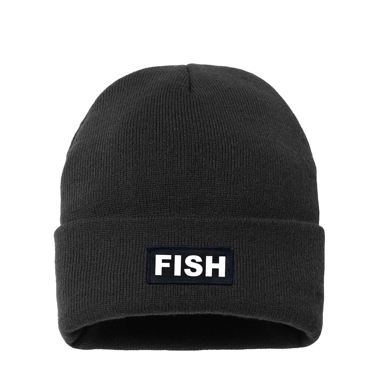 Fish Brand Logo Night Out Woven Patch Night Out Sherpa Lined Cuffed Beanie Black (White Logo)