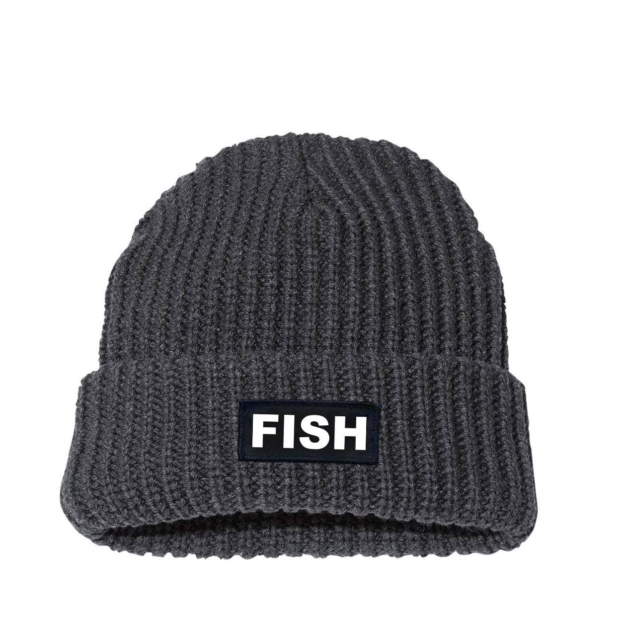 Fish Brand Logo Night Out Woven Patch Roll Up Jumbo Chunky Knit Beanie Charcoal (White Logo)