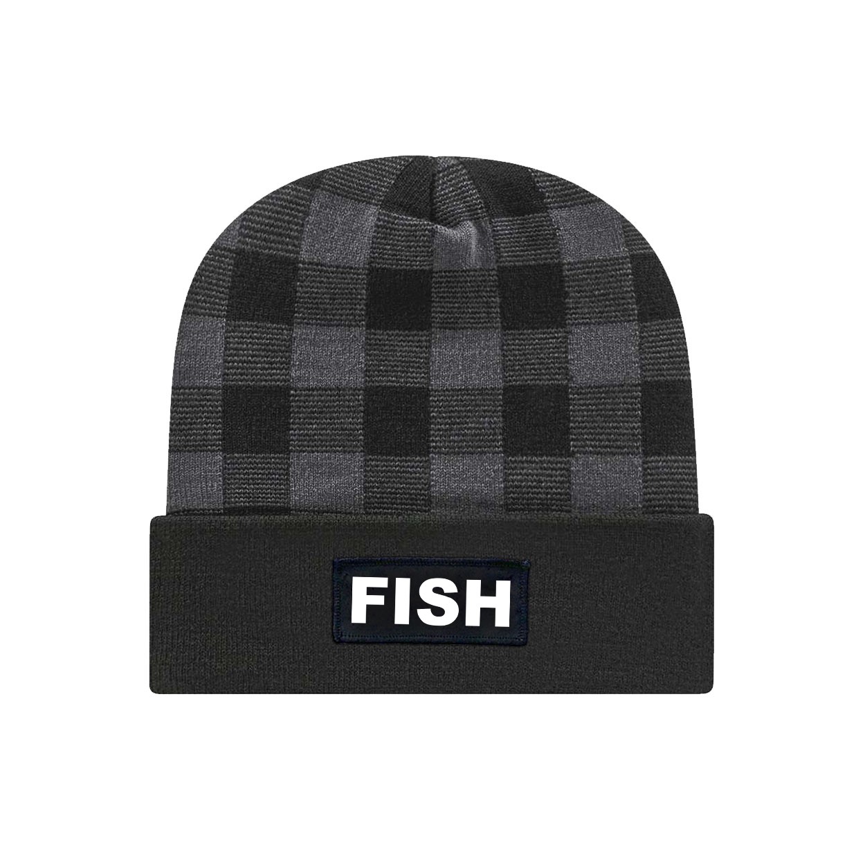 Fish Brand Logo Night Out Woven Patch Roll Up Plaid Beanie Black/Heather Gray (White Logo)