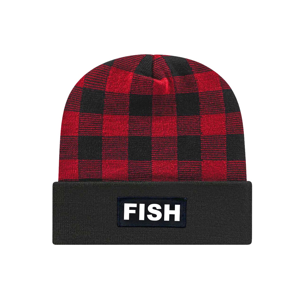 Fish Brand Logo Night Out Woven Patch Roll Up Plaid Beanie Black/True Red (White Logo)