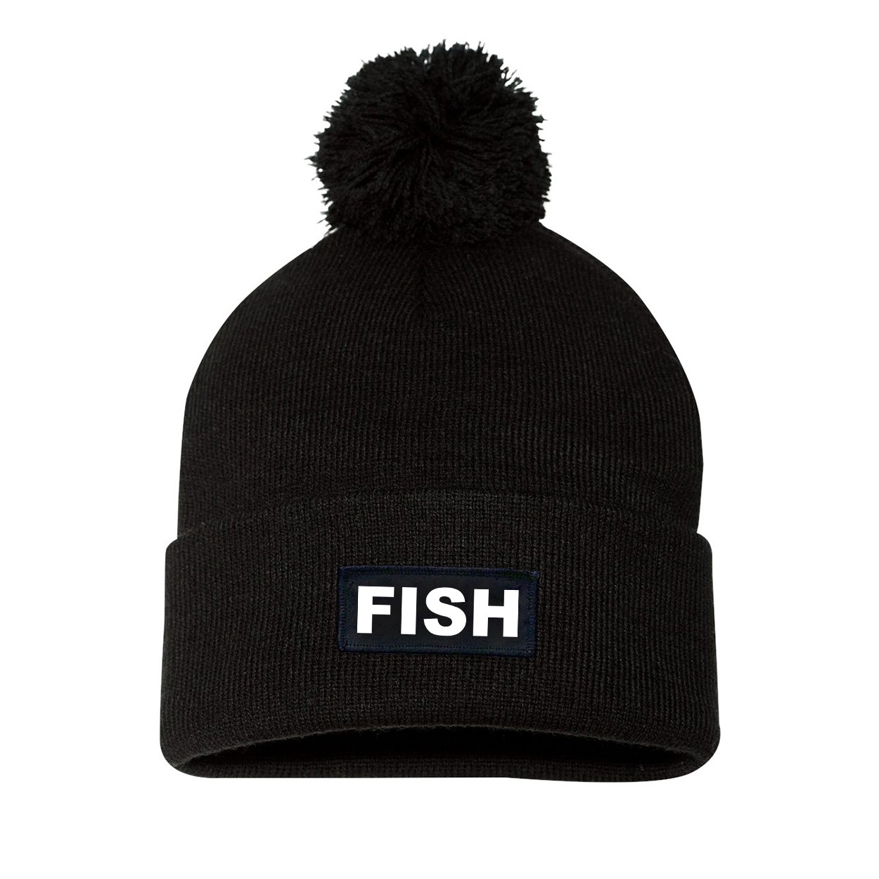 Fish Brand Logo Night Out Woven Patch Roll Up Pom Knit Beanie Black (White Logo)