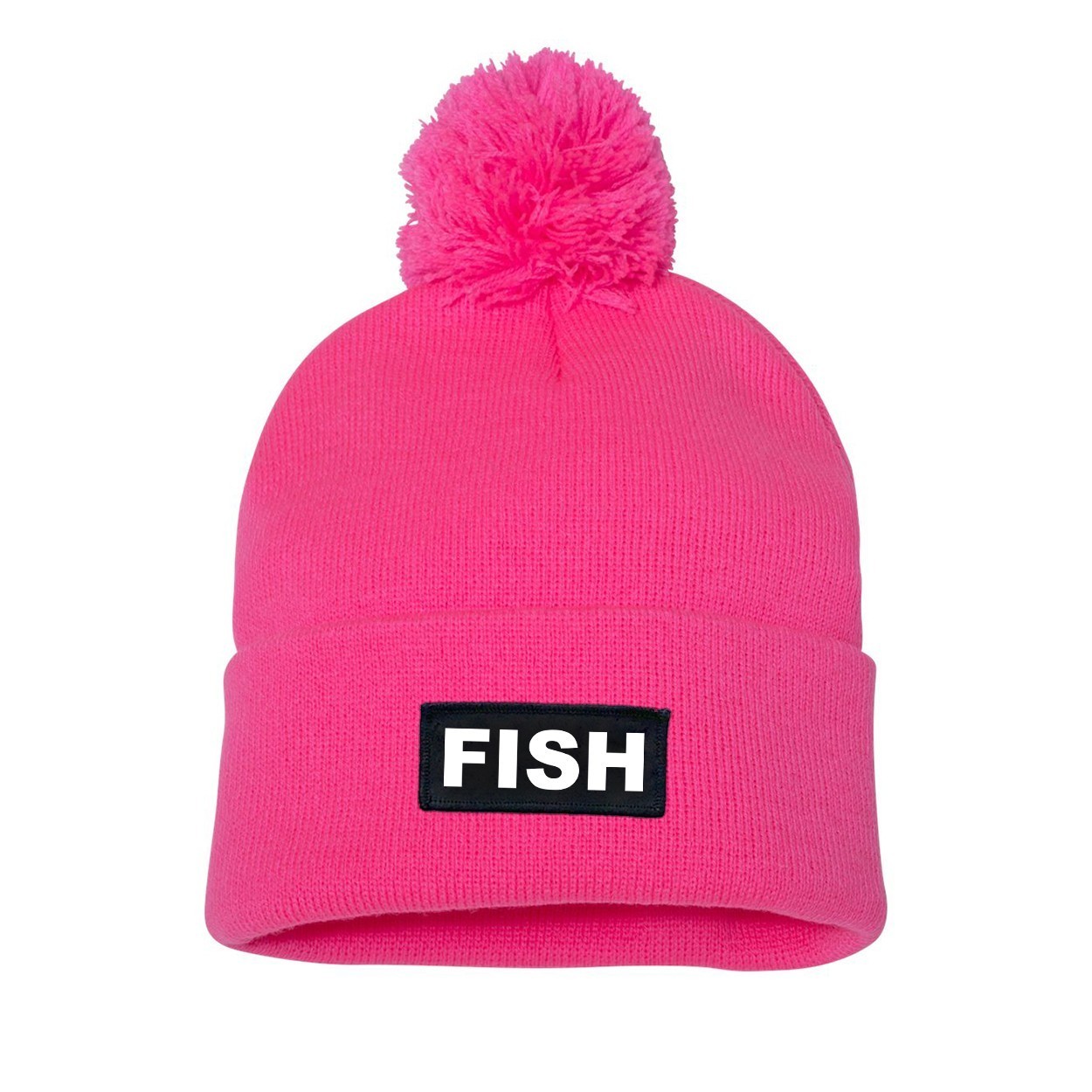 Fish Brand Logo Night Out Woven Patch Roll Up Pom Knit Beanie Pink (White Logo)