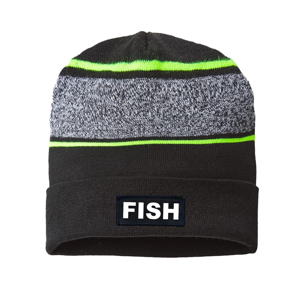 Fish Brand Logo Night Out Woven Patch Roll Up Skully Neon Striped Beanie Black/Neon Yellow (White Logo)
