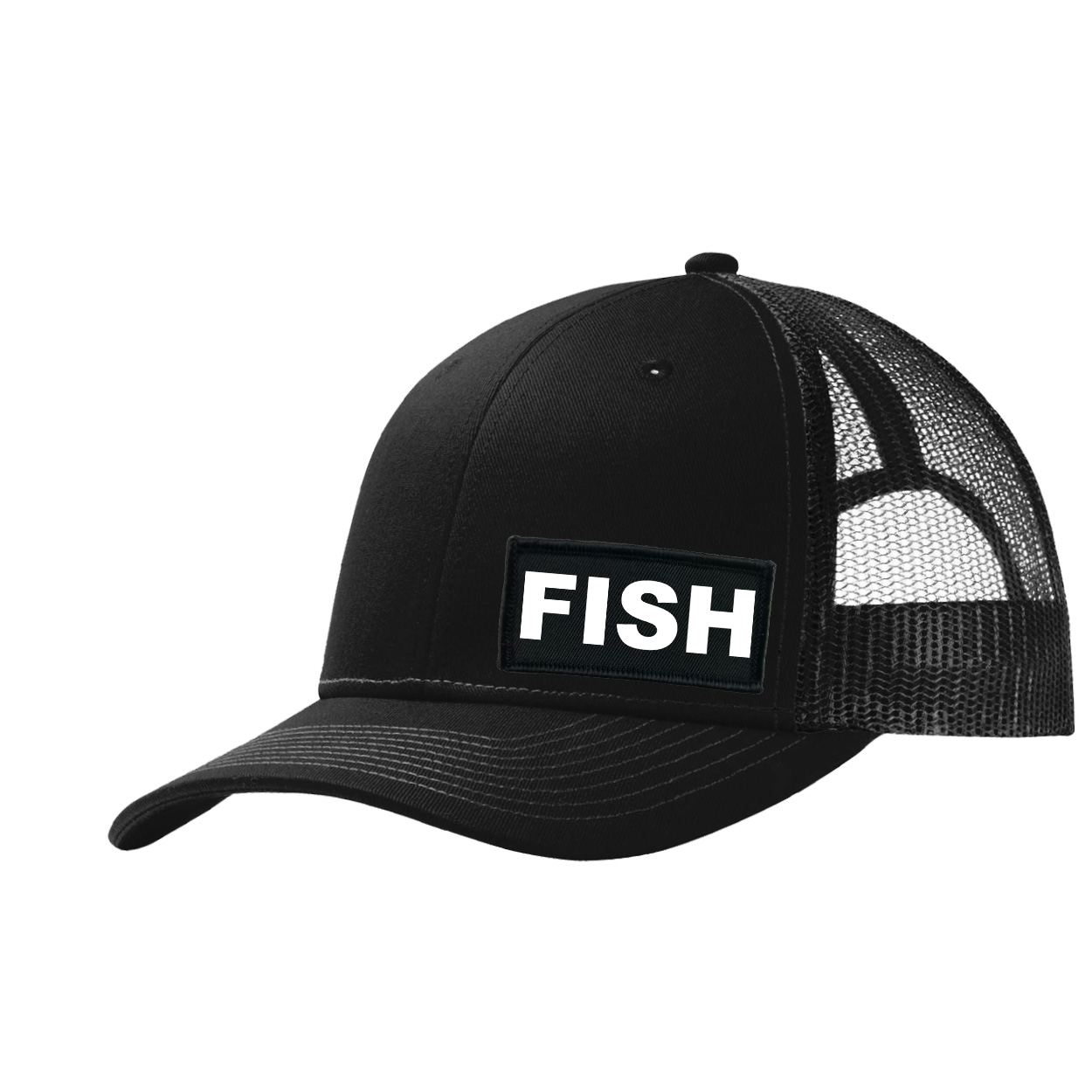 Fish Brand Logo Night Out Woven Patch Snapback Trucker Hat Black (White Logo)