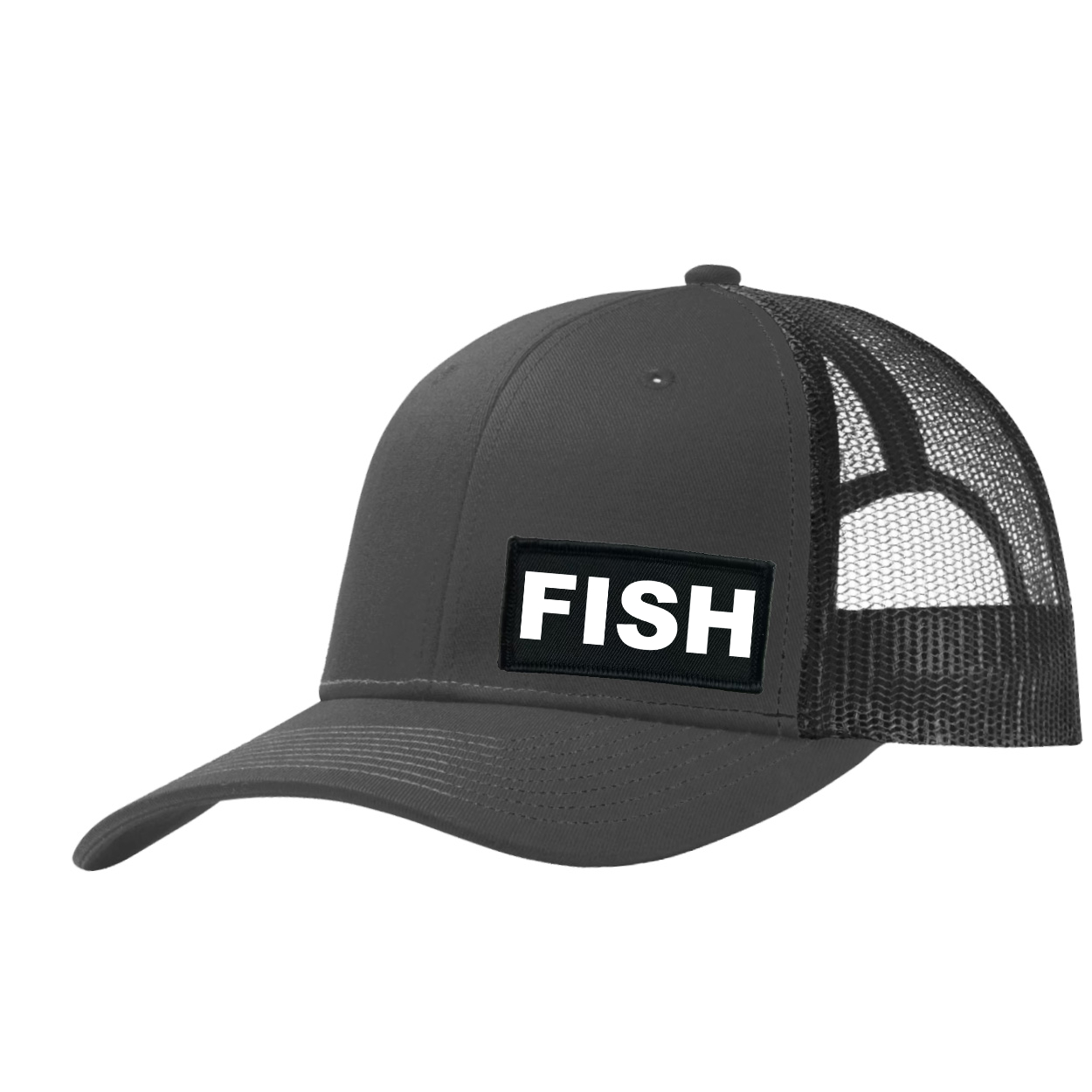 Fish Brand Logo Night Out Woven Patch Snapback Trucker Hat Dark Gray/Black (White Logo)