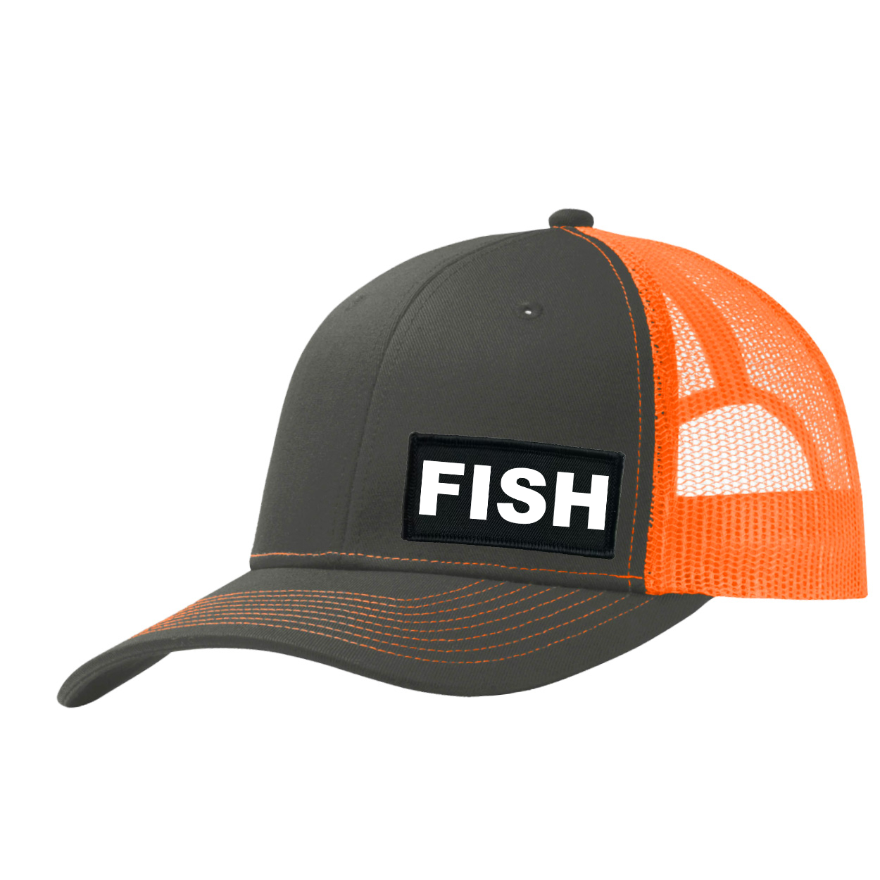 Fish Brand Logo Night Out Woven Patch Snapback Trucker Hat Dark Gray/Orange (White Logo)