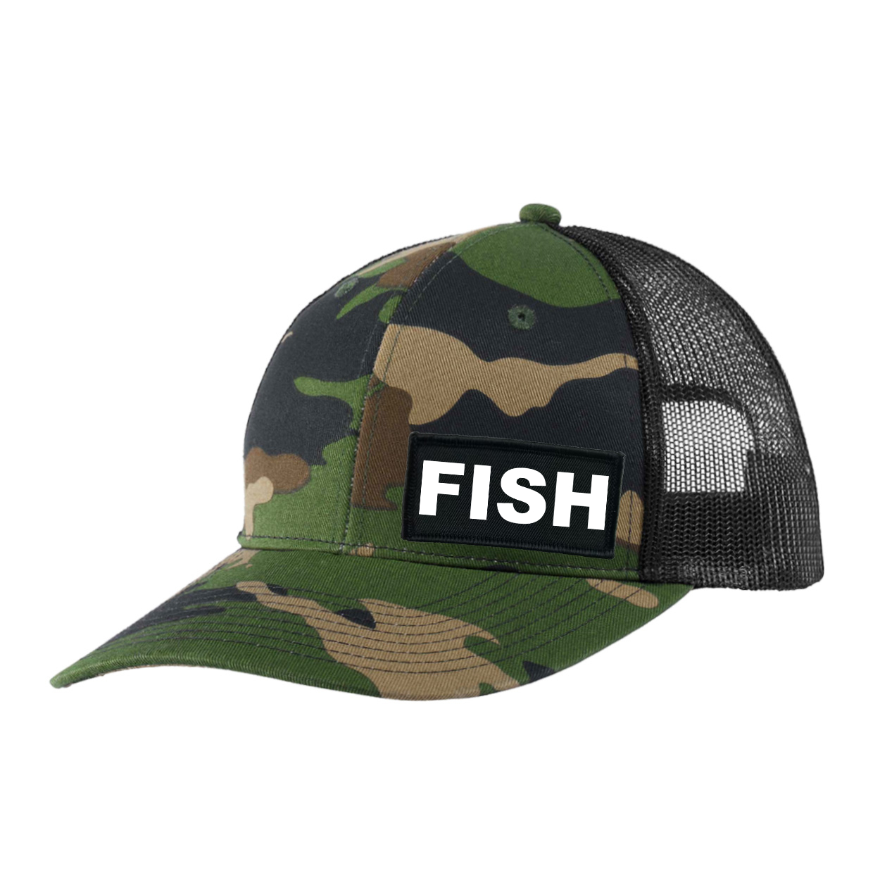 Fish Brand Logo Night Out Woven Patch Snapback Trucker Hat Khaki/Camo (White Logo)