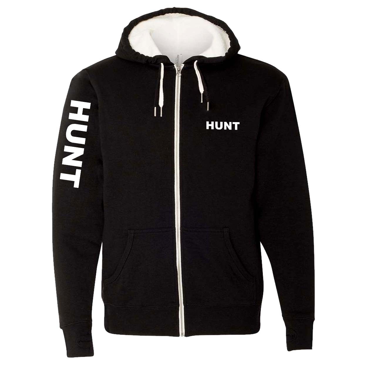 Hunt Brand Logo Classic Sherpa-Lined Hooded Zip Up Sweatshirt Black (White Logo)