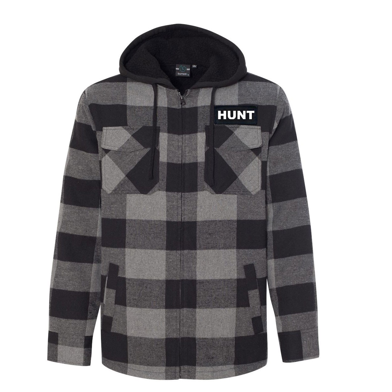 Hunt Brand Logo Classic Unisex Full Zip Woven Patch Hooded Flannel Jacket Black/Gray (White Logo)