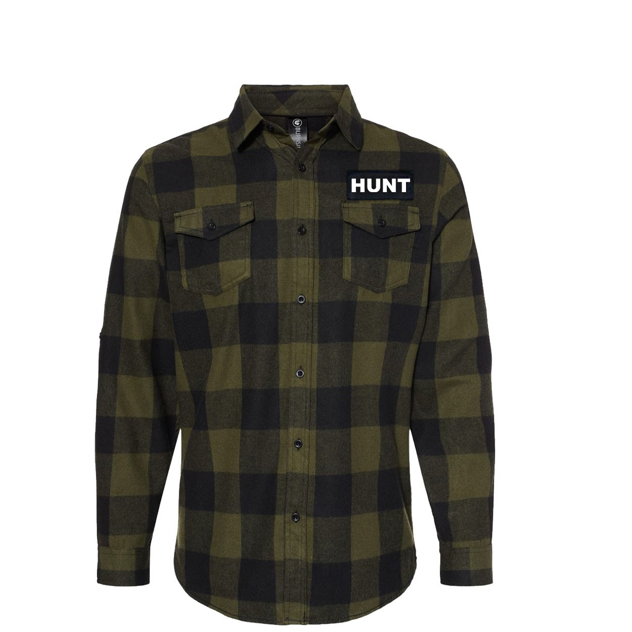 Hunt Brand Logo Classic Unisex Long Sleeve Woven Patch Flannel Shirt Army/Black (White Logo)