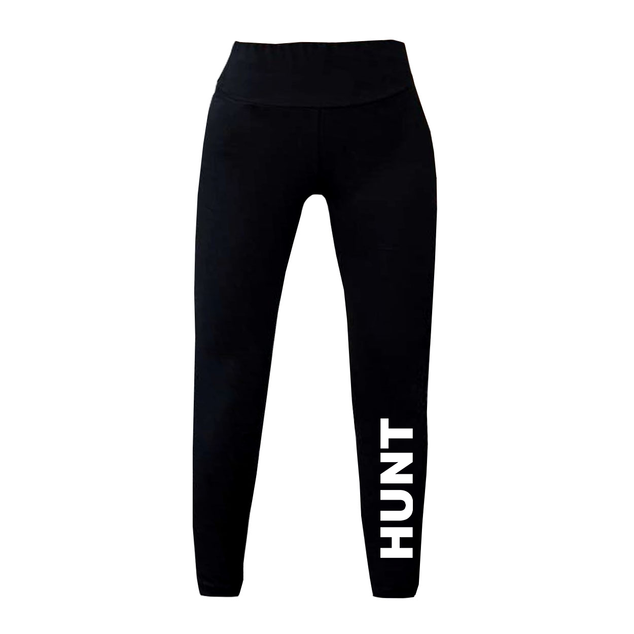 Hunt Brand Logo Classic Womens Solid Wide Waistband Leggings Black (White Logo)