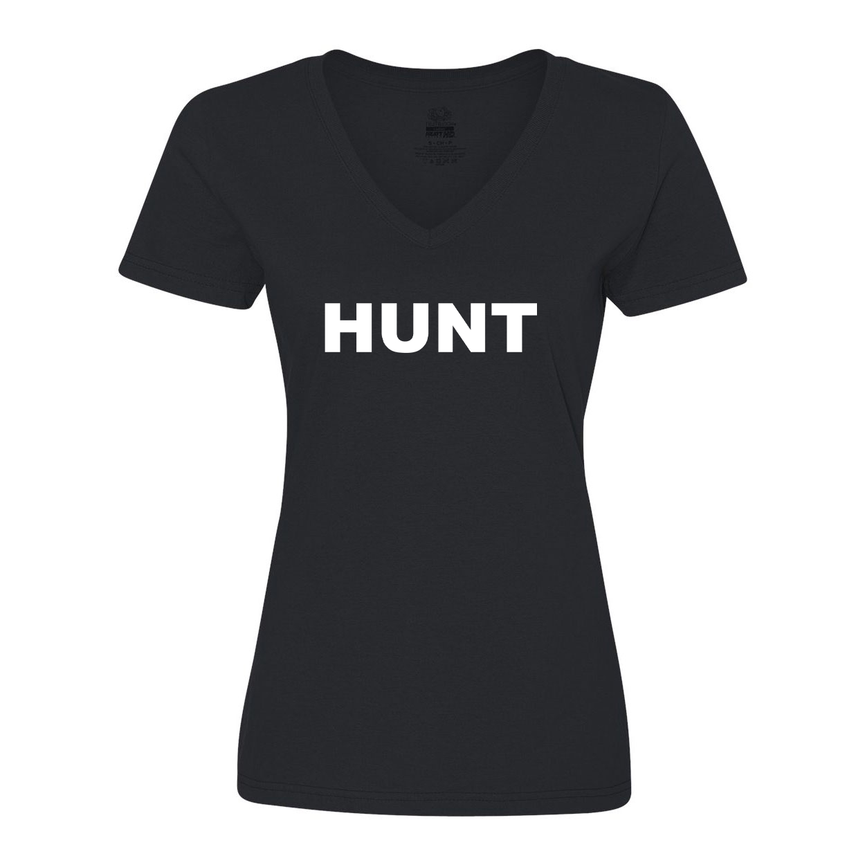 Hunt Brand Logo Classic Womens V-Neck Shirt Black (White Logo)