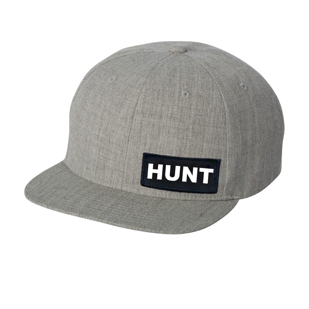 Hunt Brand Logo Night Out Woven Patch Flat Brim Snapback Hat Heather Gray (White Logo)