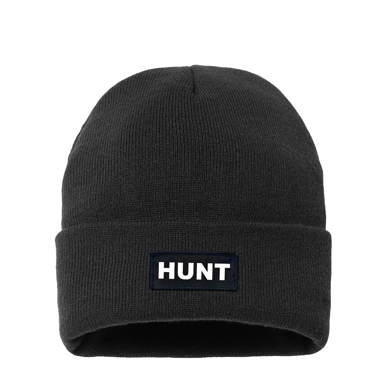 Hunt Brand Logo Night Out Woven Patch Night Out Sherpa Lined Cuffed Beanie Black (White Logo)