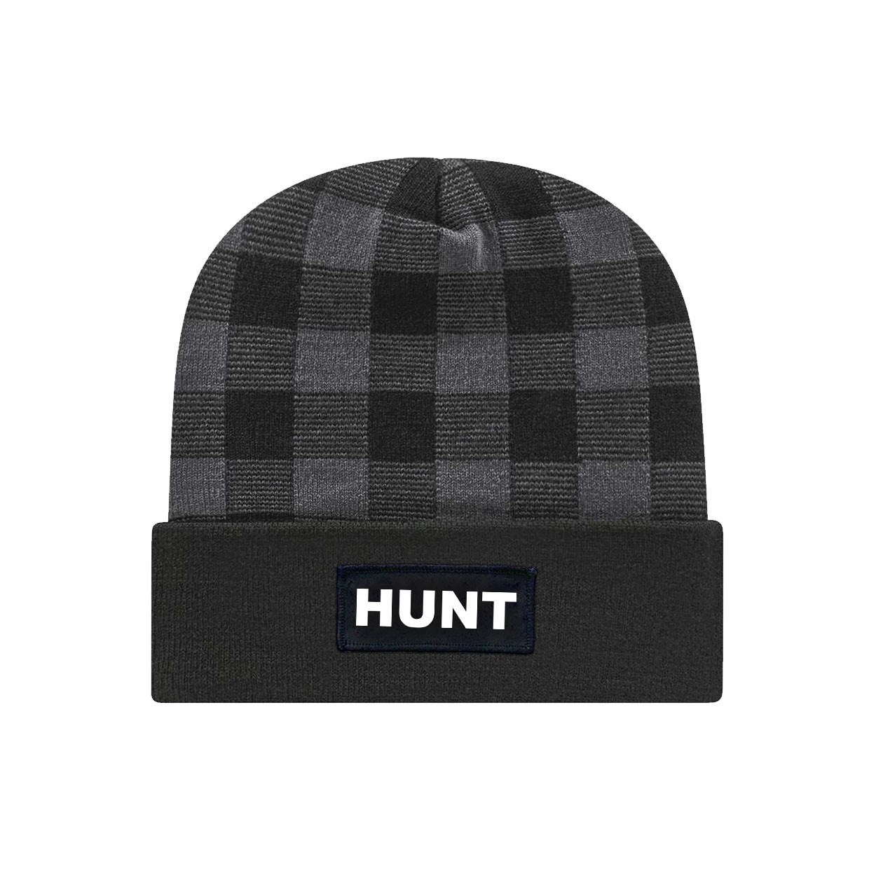 Hunt Brand Logo Night Out Woven Patch Roll Up Plaid Beanie Black/Heather Gray (White Logo)