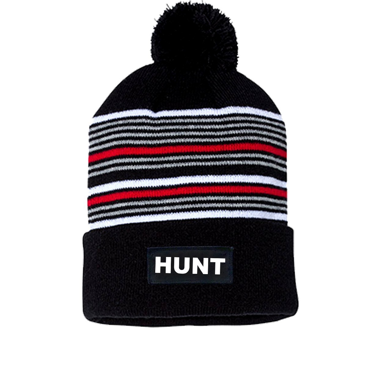Hunt Brand Logo Night Out Woven Patch Roll Up Pom Knit Beanie Black/ White/ Grey/ Red Beanie (White Logo)