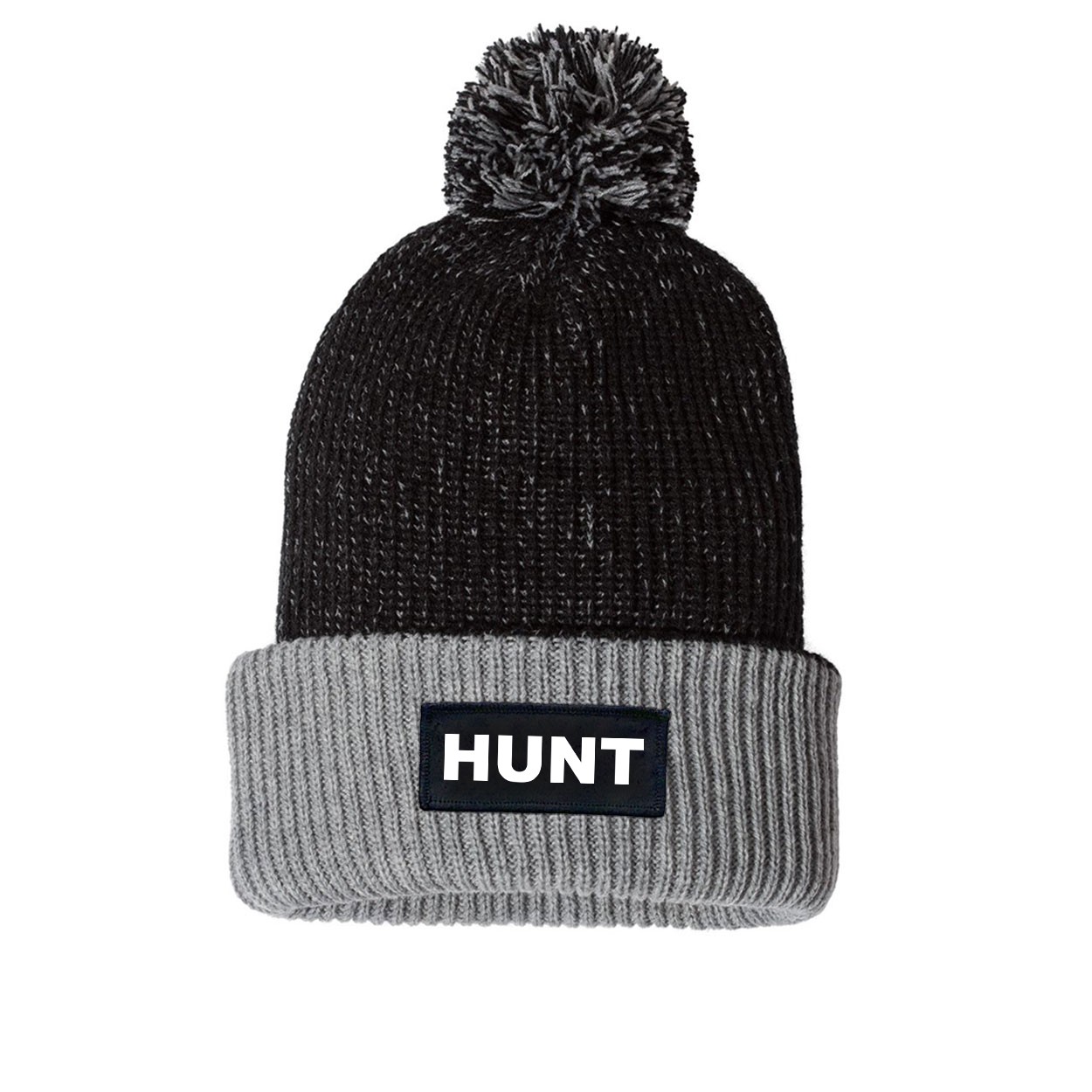 Hunt Brand Logo Night Out Woven Patch Roll Up Pom Knit Beanie Black/Gray (White Logo)