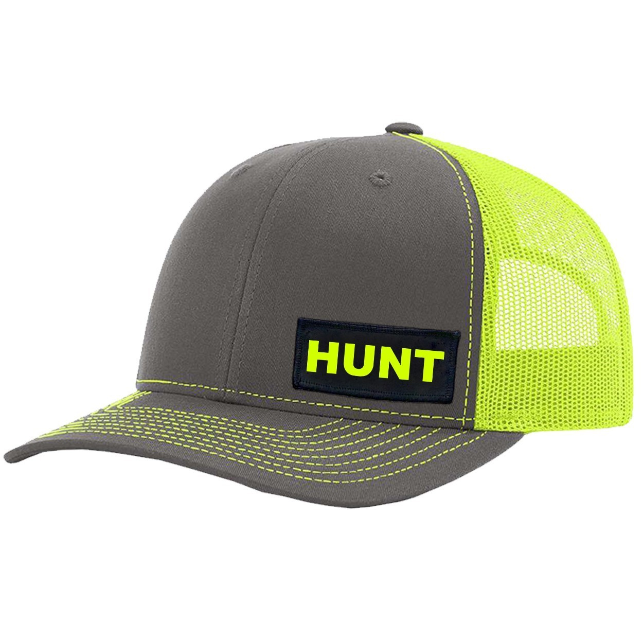 Hunt Brand Logo Night Out Woven Patch Snapback Trucker Hat Gray/Neon Yellow (Hi-Vis Logo)