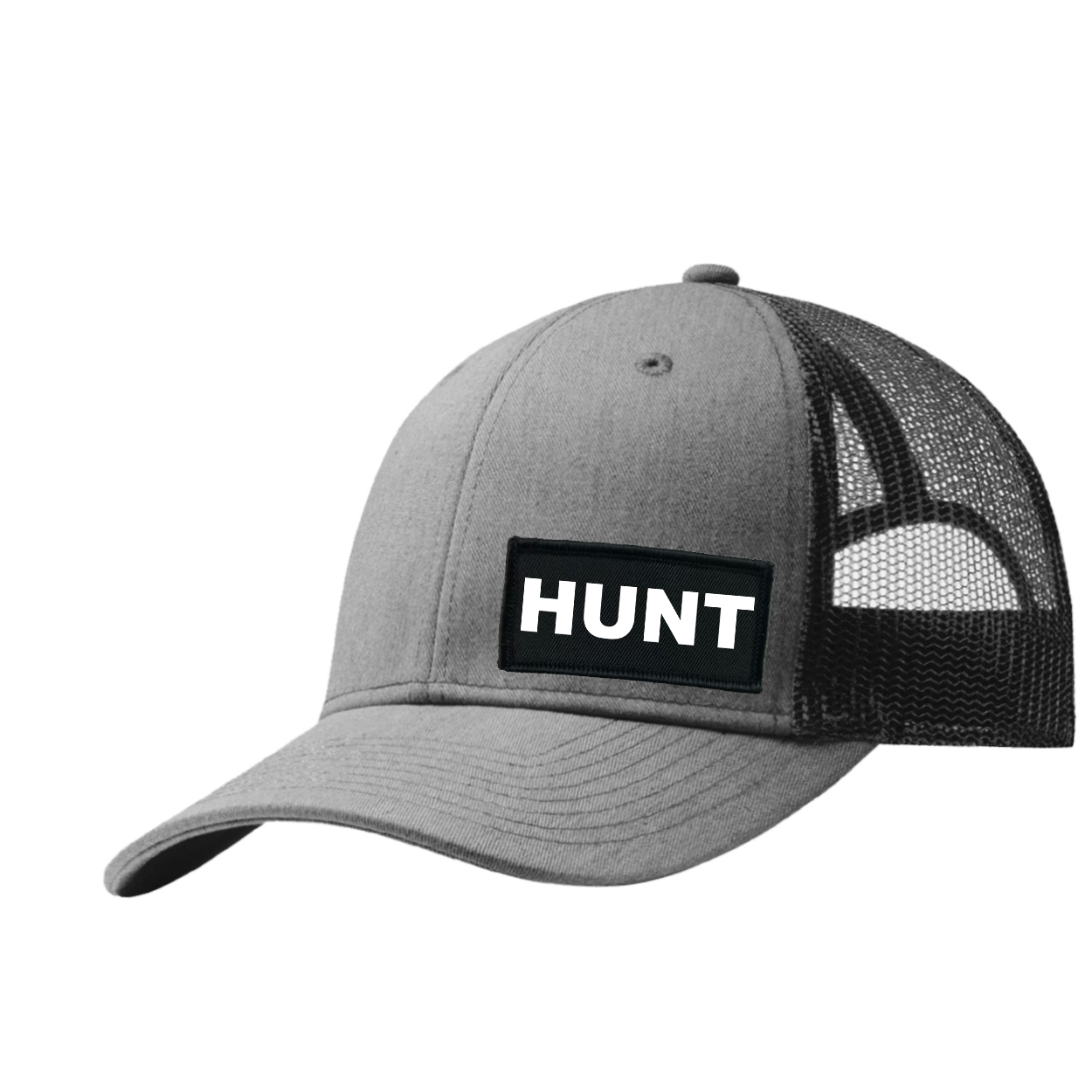 Hunt Brand Logo Night Out Woven Patch Snapback Trucker Hat Heather Gray/Black (White Logo)