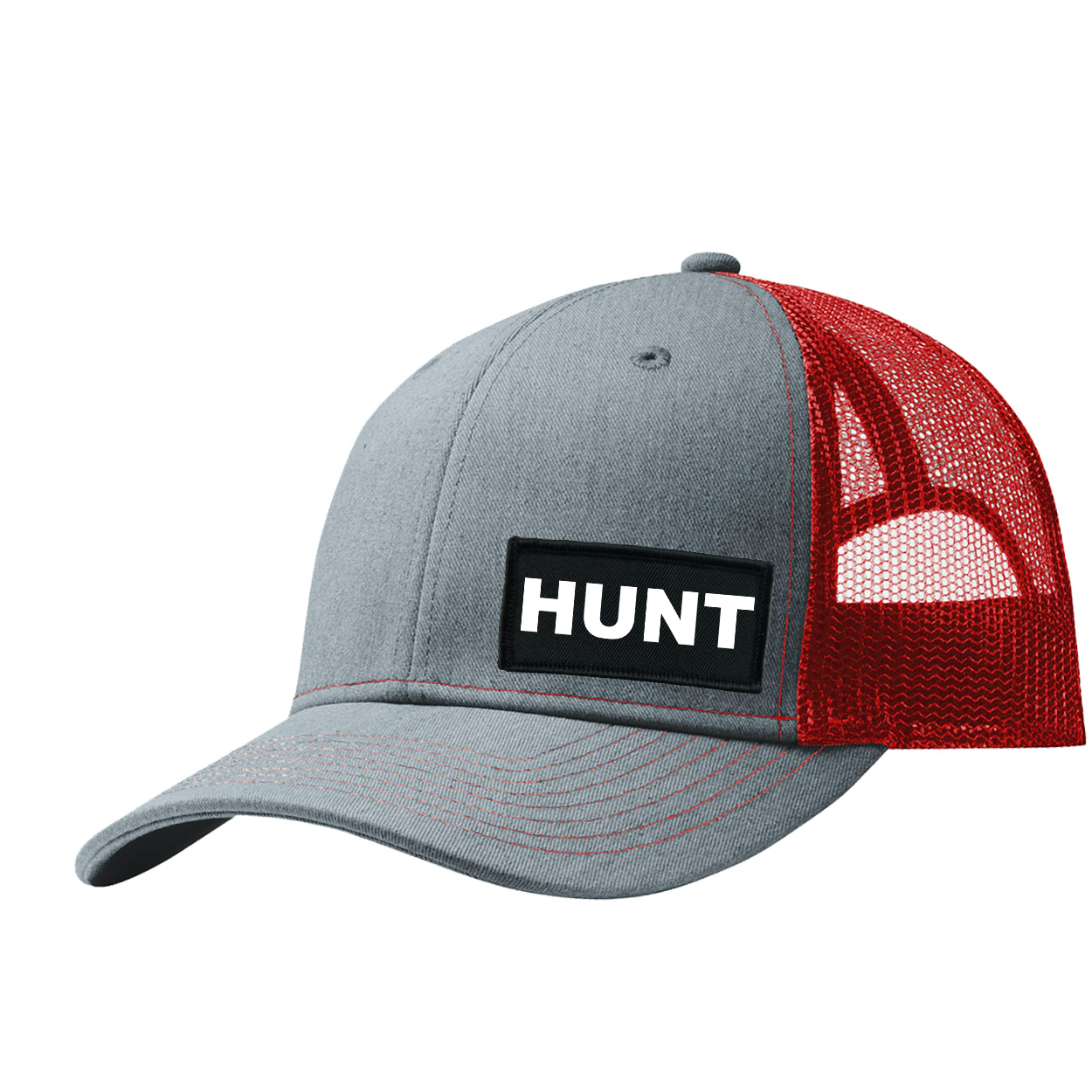 Hunt Brand Logo Night Out Woven Patch Snapback Trucker Hat Heather Heather Grey/Red (White Logo)