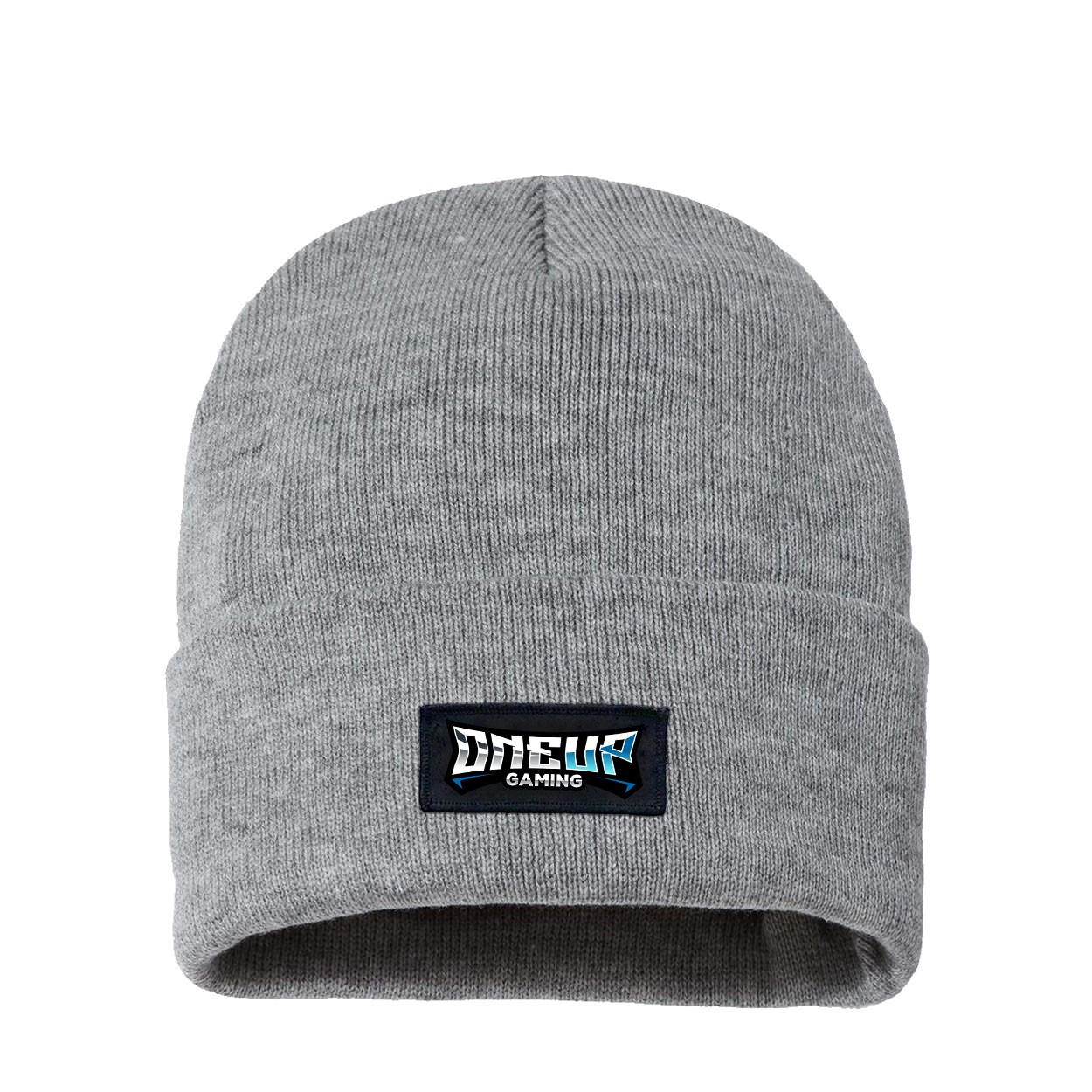 One Up Gaming Night Out Woven Patch Night Out Sherpa Lined Cuffed Beanie Heather Gray (White Logo)