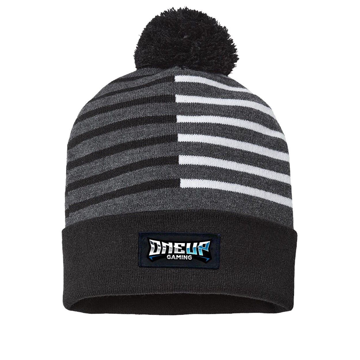 One Up Gaming Night Out Woven Patch Roll Up Pom Knit Beanie Half Color Black/White (White Logo)