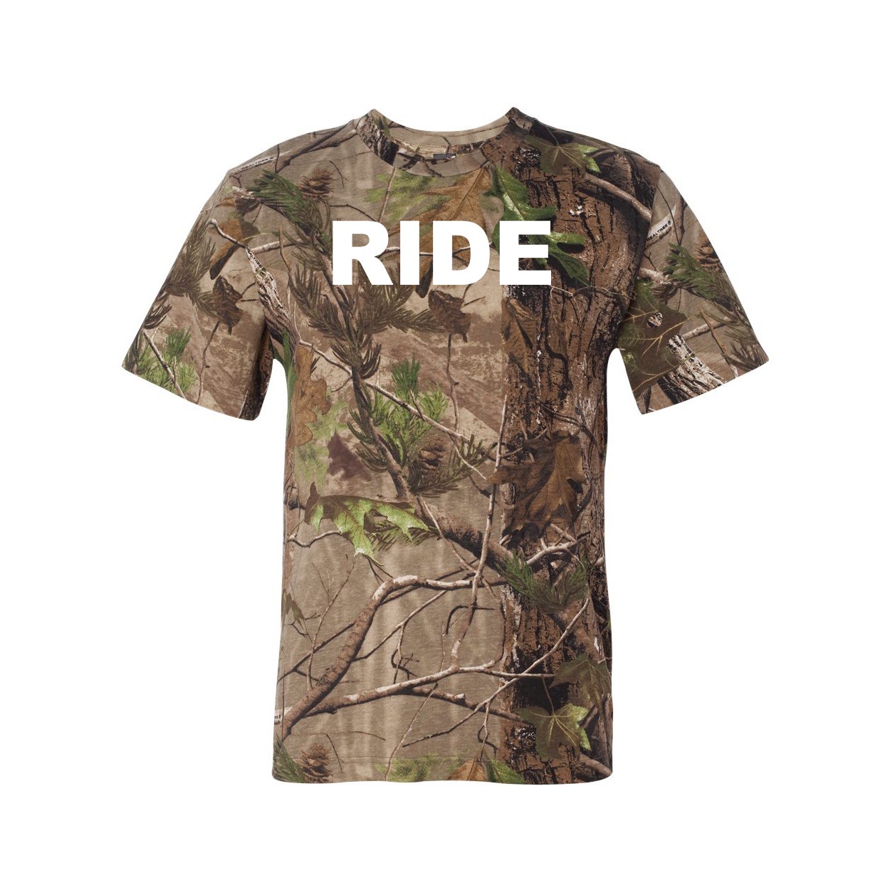 Ride Brand Logo Classic Premium T-Shirt RealTree Camo (White Logo)