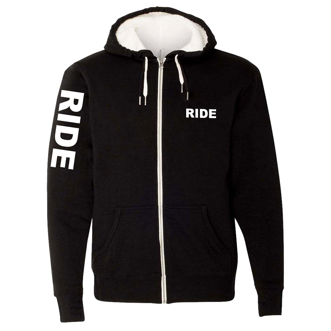 Ride Brand Logo Classic Sherpa-Lined Hooded Zip Up Sweatshirt Black (White Logo)